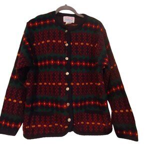 Tally Ho Women's Fair Isle Blue/Red/Green Button Cardigan Sweater L